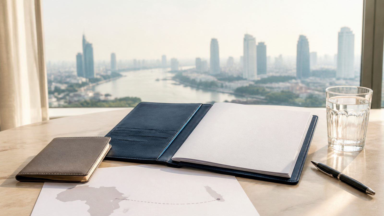 Blank visa papers, a navy folder and an abstract West Africa-to-Thailand route sheet above Bangkok