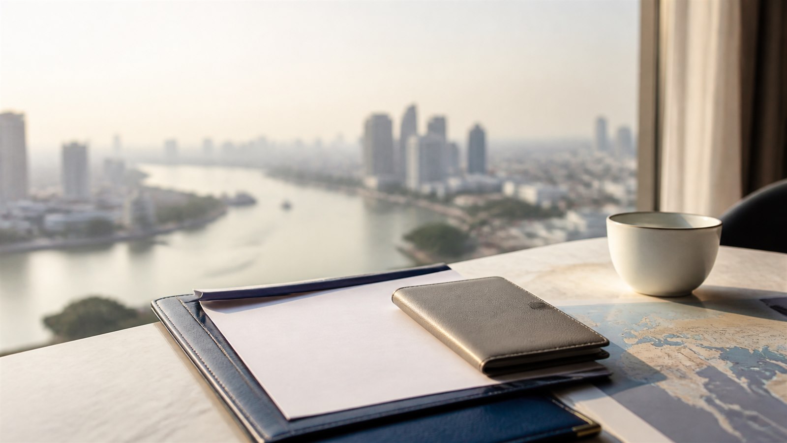Blank visa papers, a navy travel folder and an abstract Asia map on a desk overlooking a softly blurred Bangkok river skyline