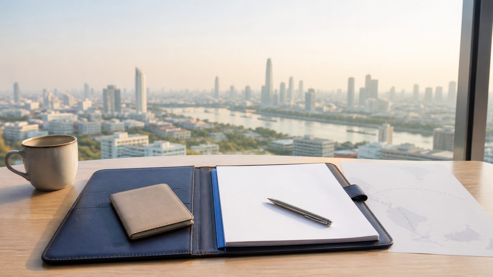 Blank visa papers, a navy folio and an abstract Central Europe-to-Thailand route sheet overlooking Bangkok