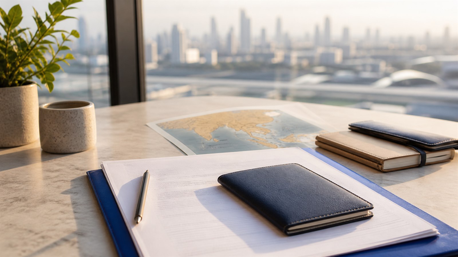 Visa planning papers, a navy travel wallet and an abstract Asia map on a bright desk with Bangkok blurred beyond the window