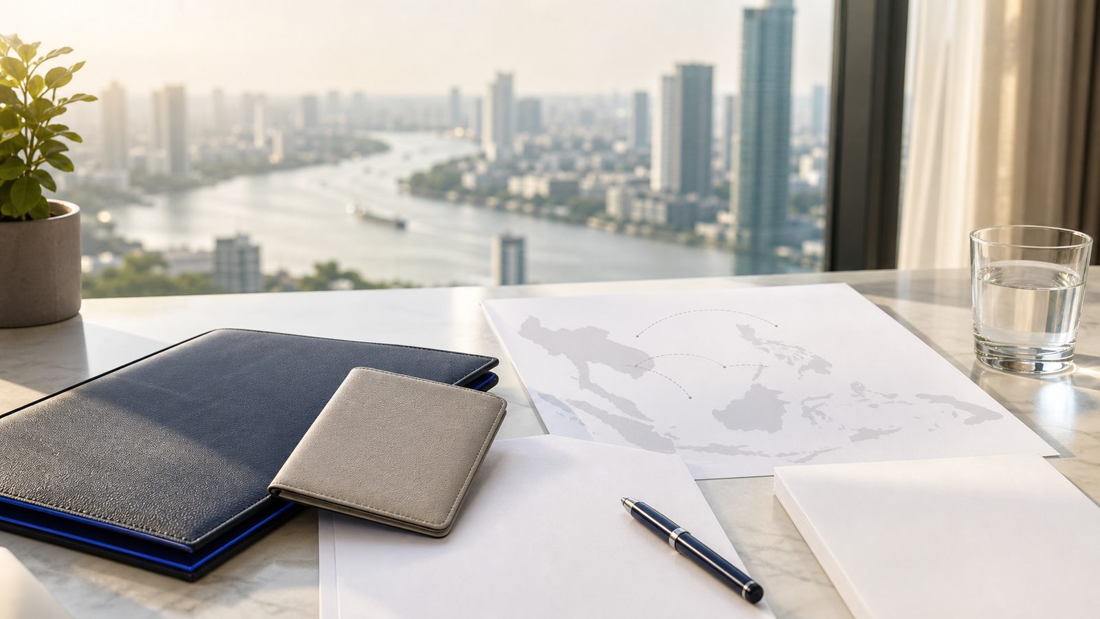 Blank visa papers, a navy folder and an abstract Southeast Asia-to-Thailand route sheet above Bangkok