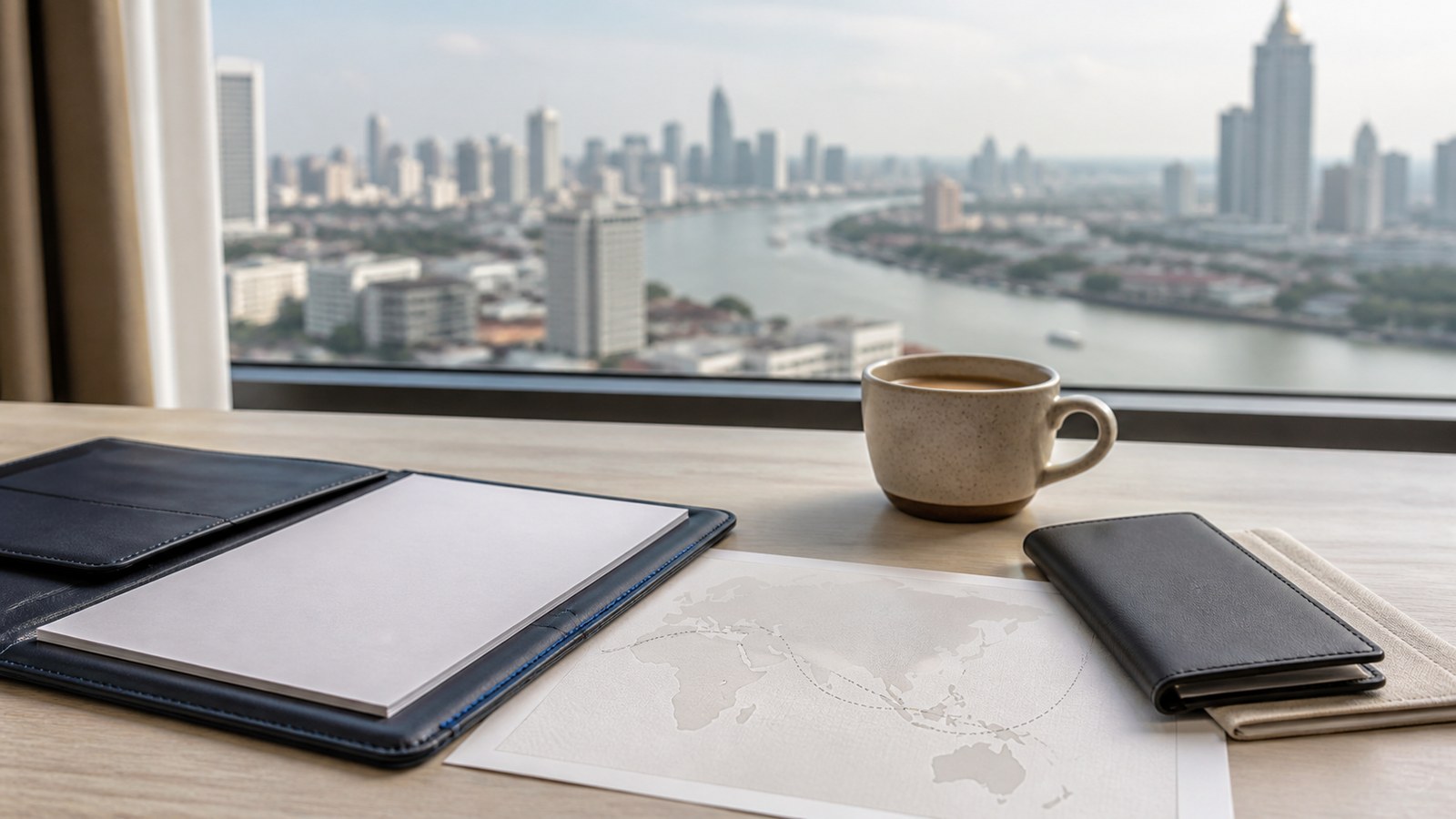 Blank visa papers, a navy folio and an abstract Western Europe-to-Thailand route map on a desk beside the Bangkok river