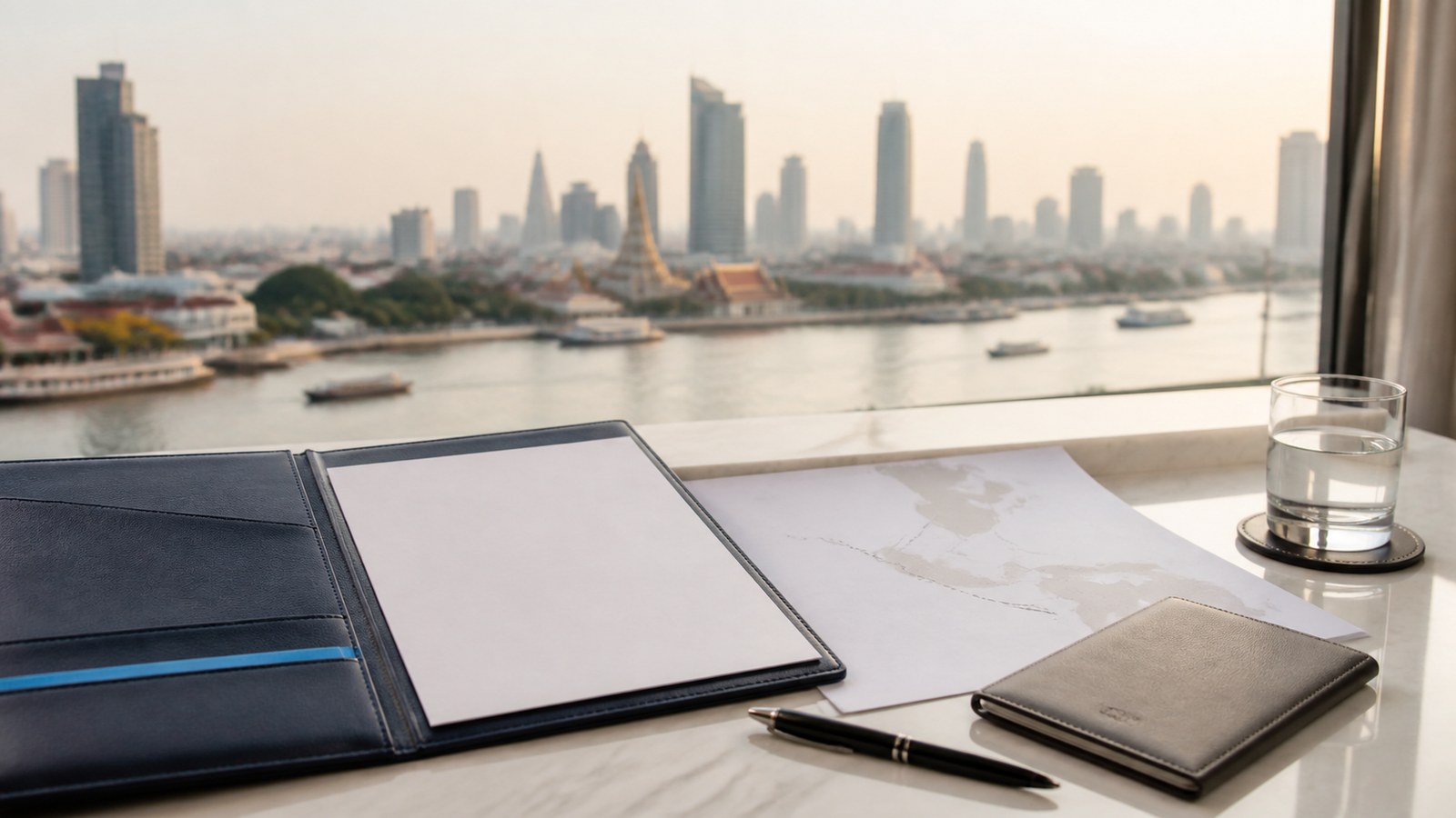 Blank visa papers, a navy folio and an abstract the Eastern Mediterranean-to-Thailand route map on a desk beside the Bangkok river
