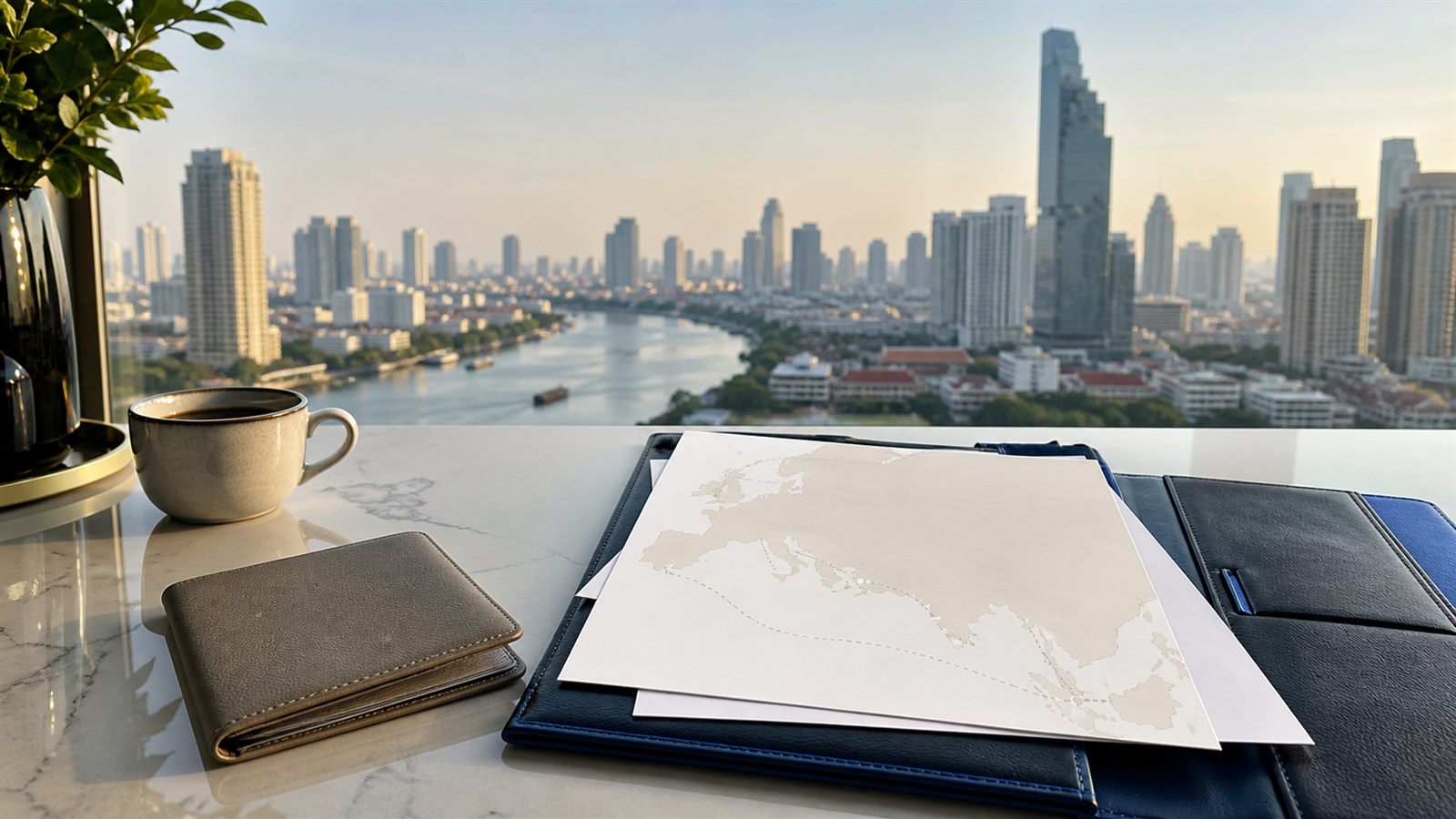 Blank visa papers, a navy folio and an abstract Southern Europe-to-Thailand route sheet beside the Bangkok river