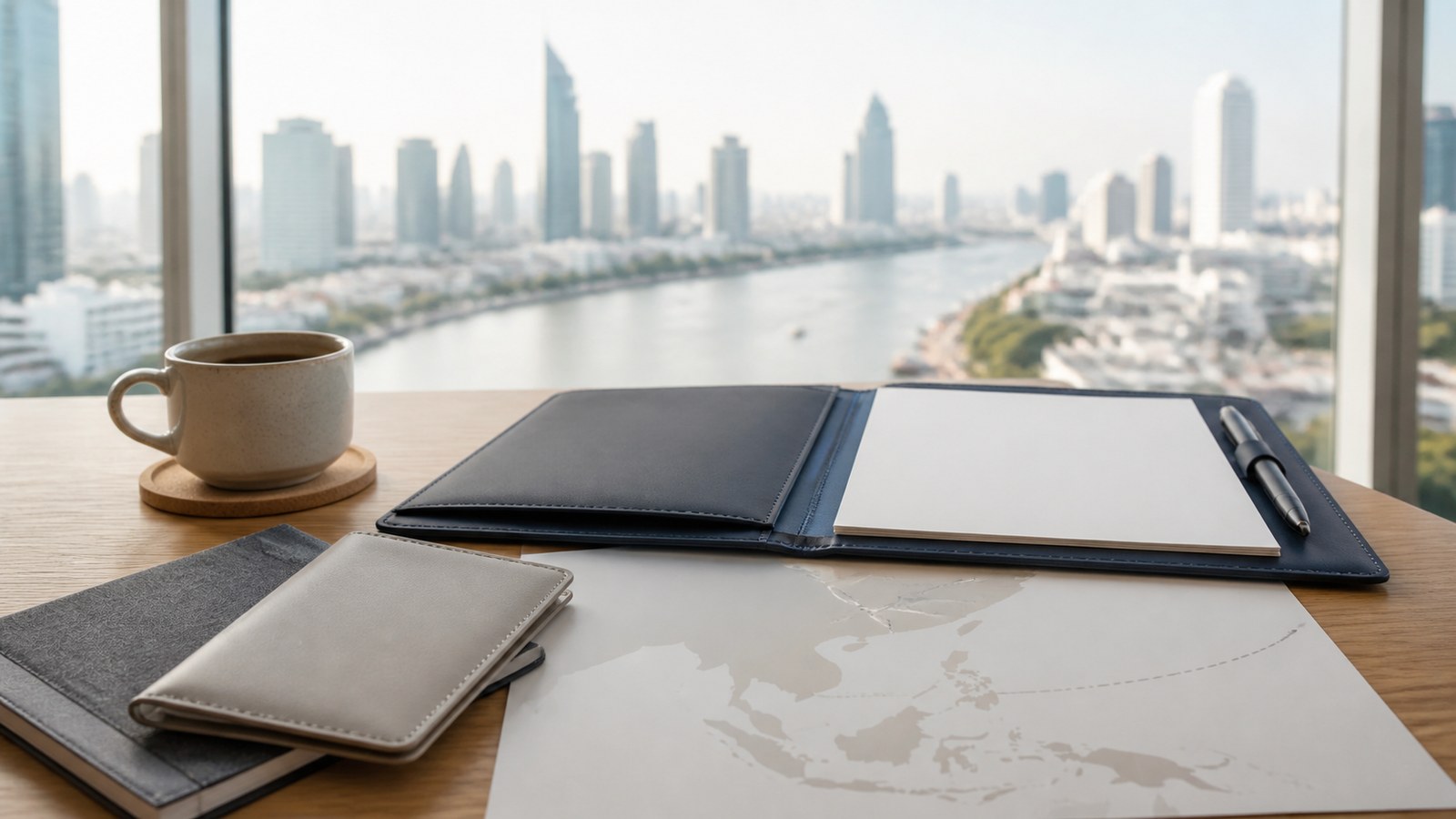 Blank visa papers, a navy folio and an abstract East Asia-to-Thailand route sheet beside the Bangkok river