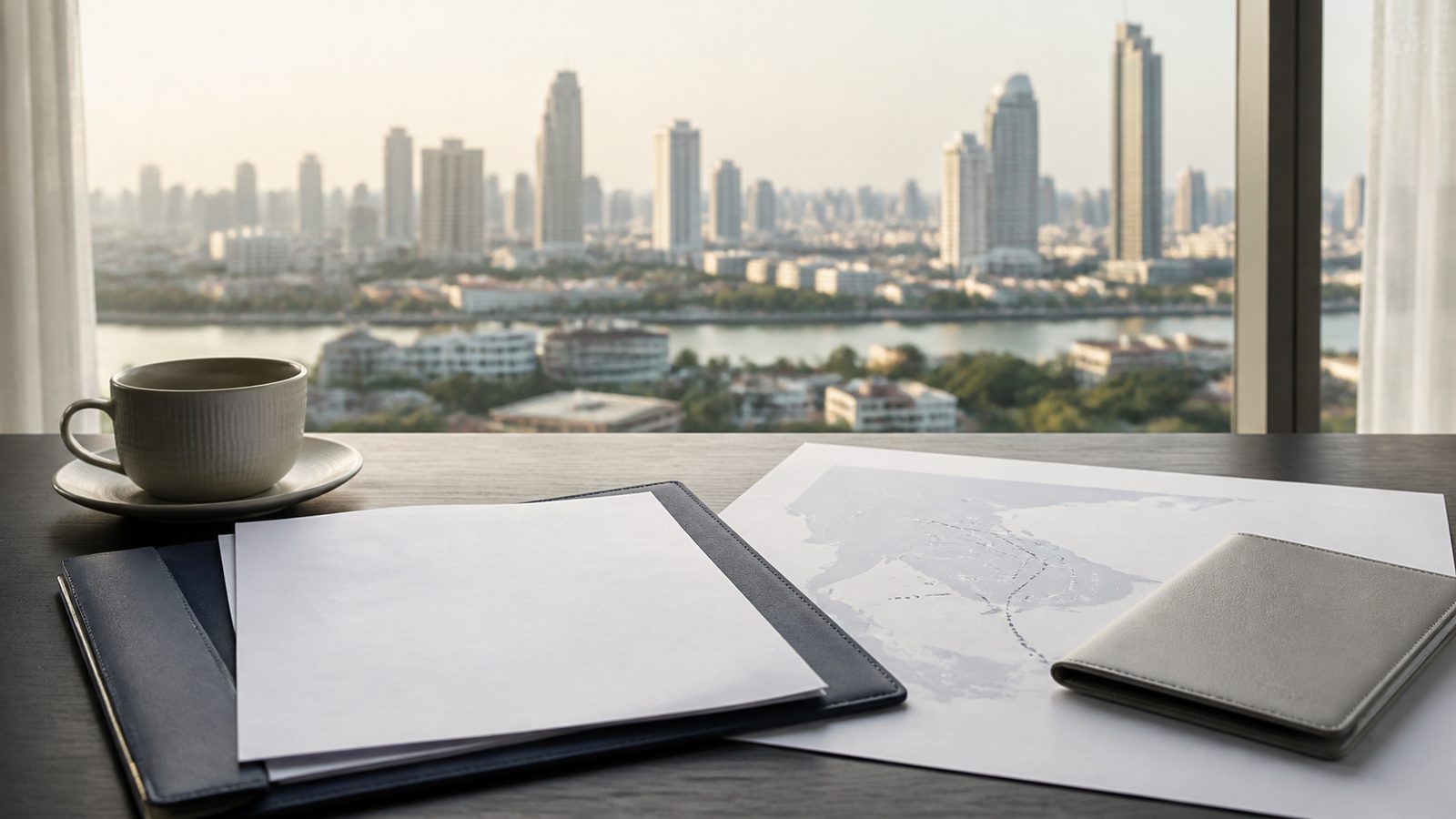 Blank visa papers, a navy folio and an abstract South Asia-to-Thailand route sheet on a bright Bangkok desk