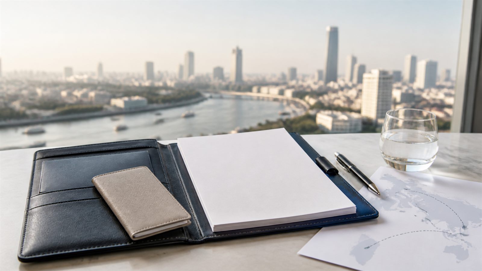 Blank visa papers, a navy folder and an abstract Western Europe-to-Thailand route sheet overlooking Bangkok