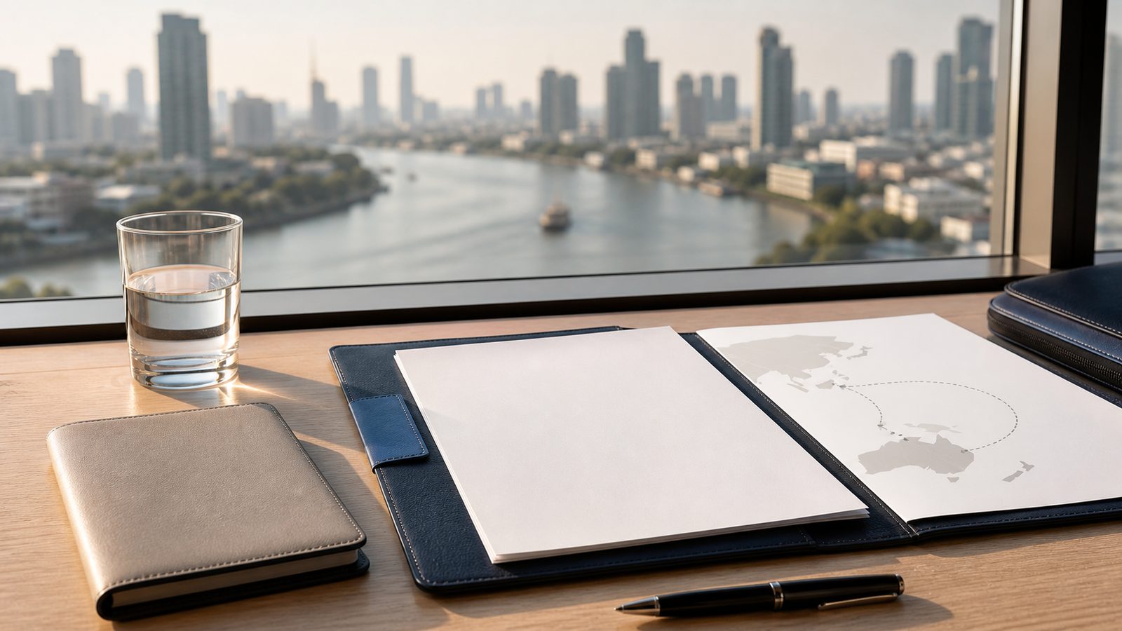 Blank visa papers, a navy folio and an abstract Oceania-to-Thailand route map on a desk beside the Bangkok river