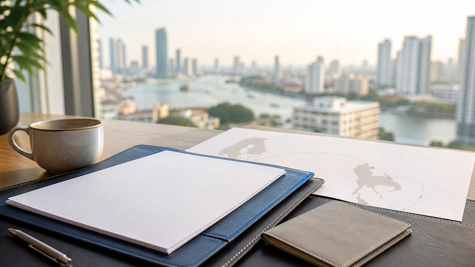 Blank visa papers, a navy folio and an abstract Northern Europe-to-Thailand route sheet overlooking Bangkok