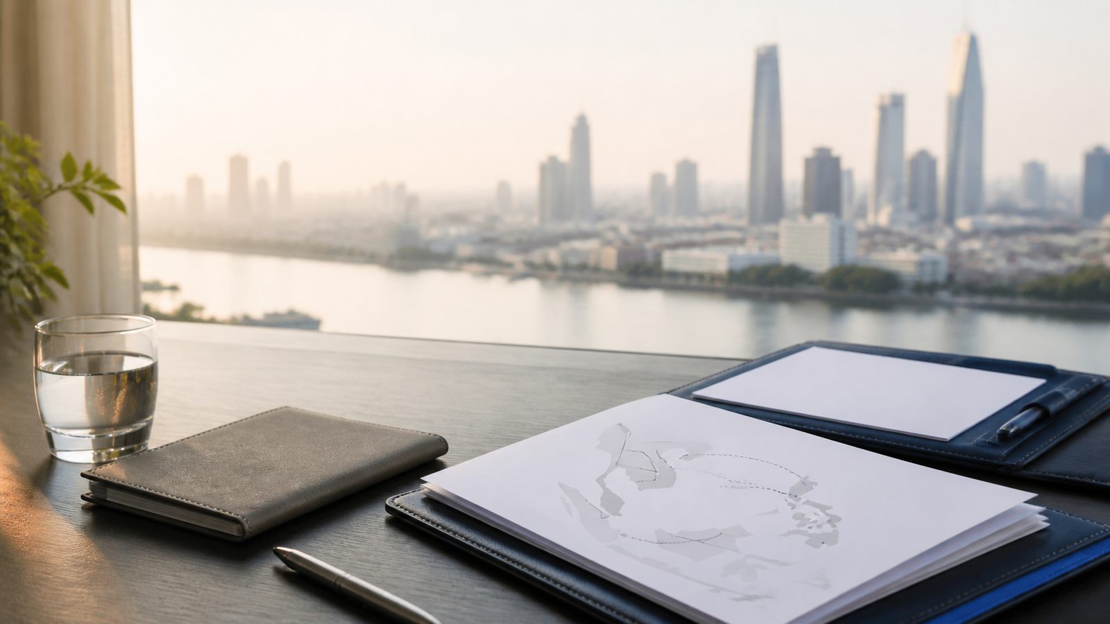 Blank visa papers, a navy folio and an abstract Southeast Asia-to-Thailand route sheet on a bright Bangkok desk