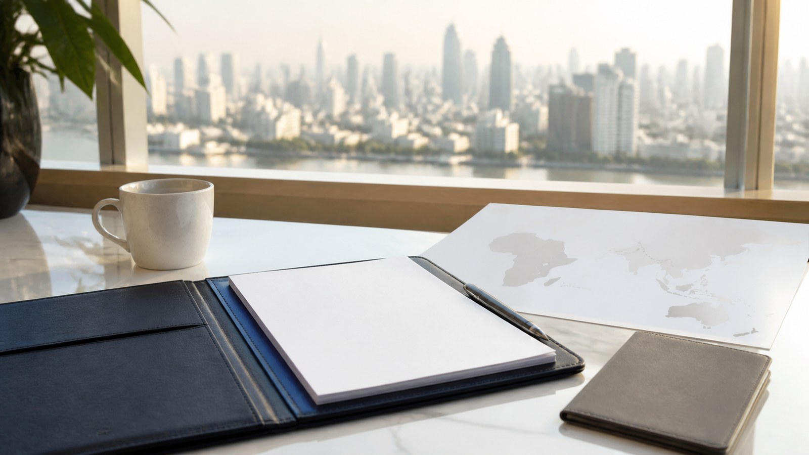 Blank visa papers, a navy folio and an abstract Southern Africa-to-Thailand route sheet beside the Bangkok skyline