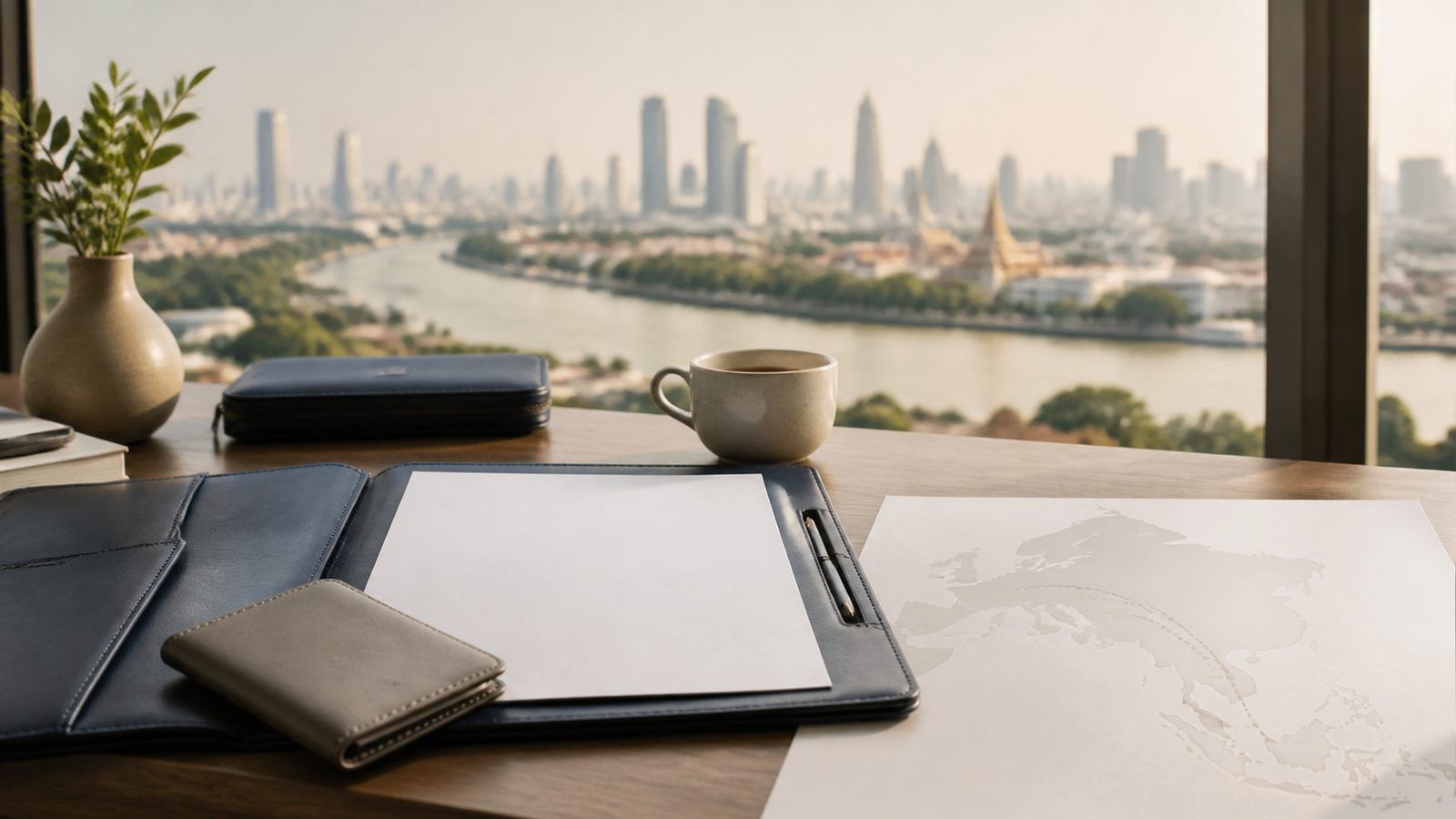 Blank visa papers, a navy folio and an abstract Western Europe-to-Thailand route sheet beside the Bangkok river
