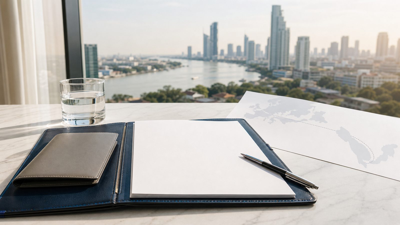 Blank visa papers, a navy folio and an abstract Central Europe-to-Thailand route sheet overlooking Bangkok
