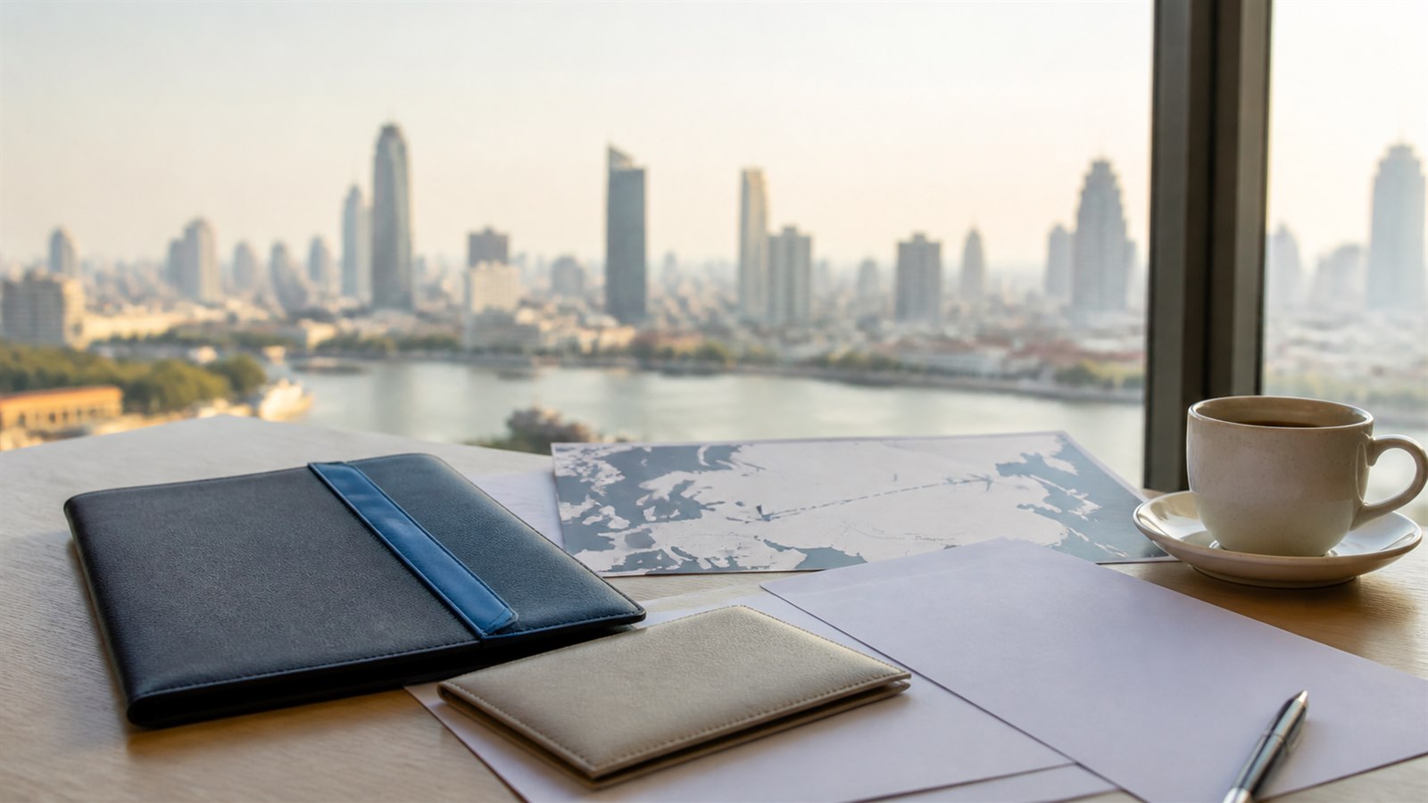 Visa planning papers, a navy travel folio and an abstract Europe-to-Thailand map on a desk with Bangkok in soft focus