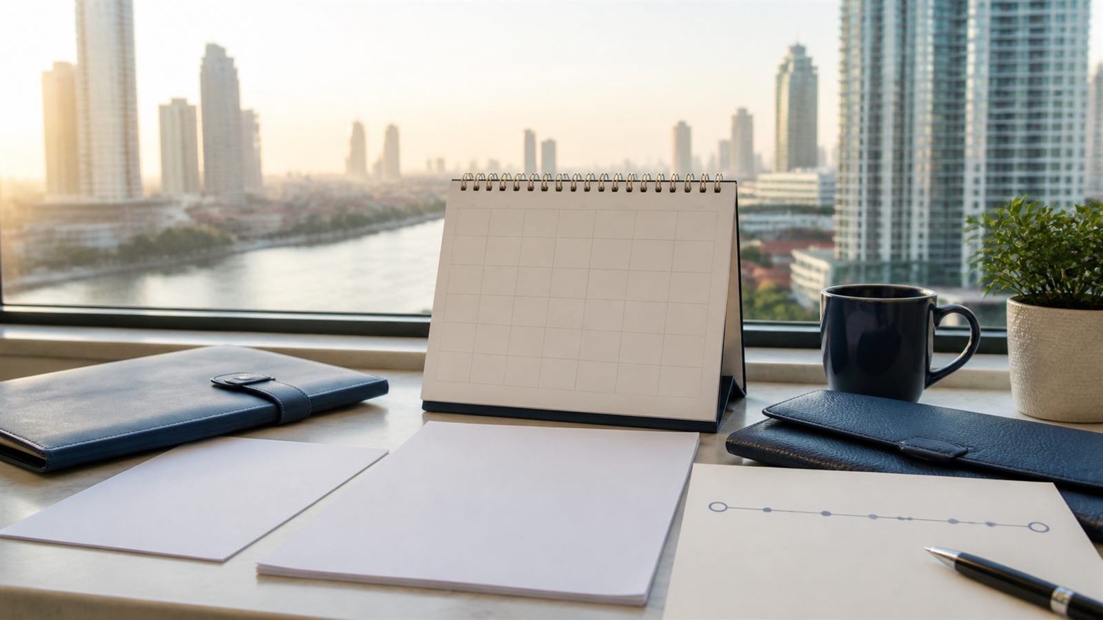 Blank reporting calendar, papers and navy folders on a Bangkok desk for long-stay visa planning