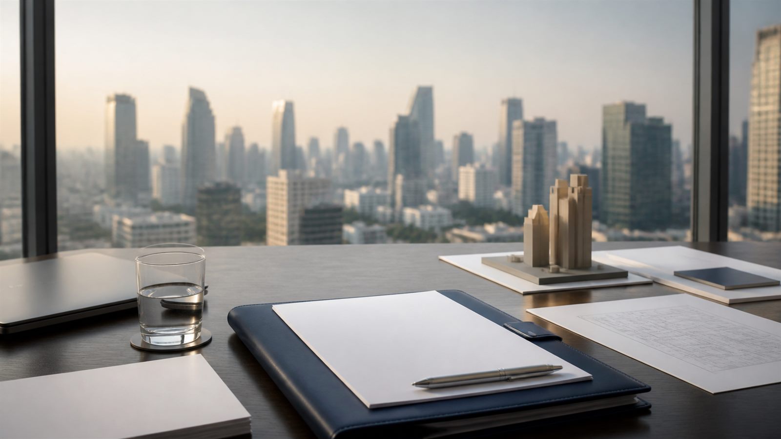 Blank business documents, a navy folder and an architectural model on a meeting table overlooking Bangkok