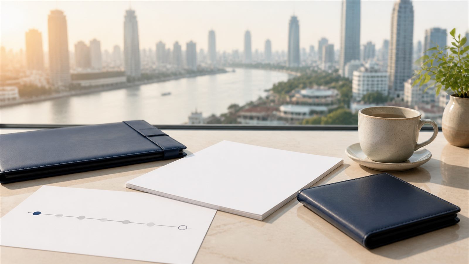 Blank financial-planning papers, a navy folder and an abstract timing strip on a Bangkok desk