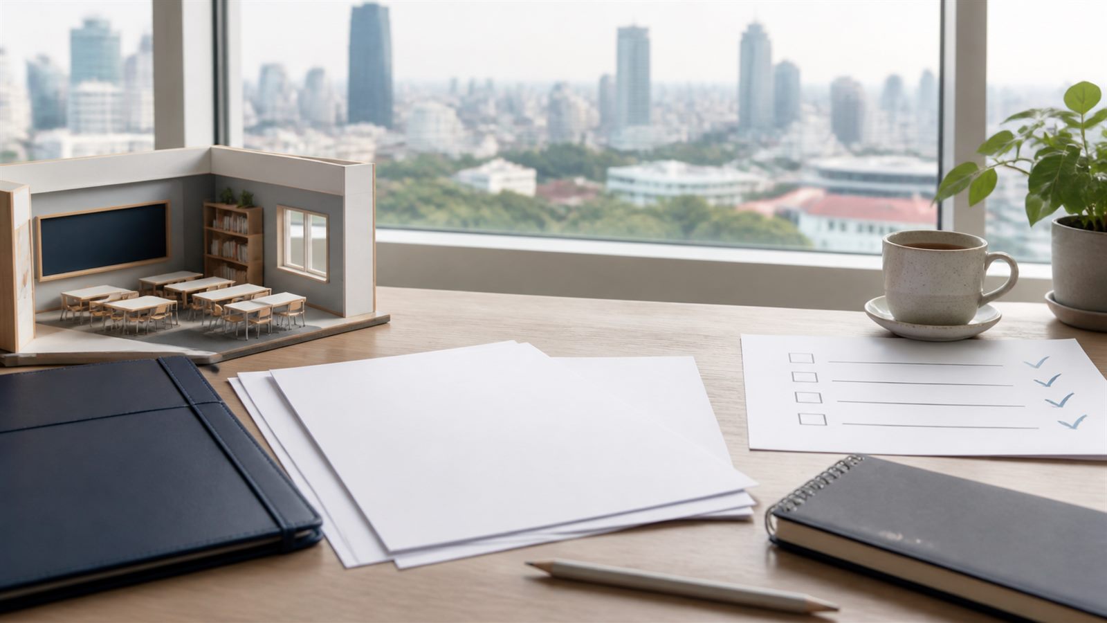 Blank education visa papers, a navy folder and a classroom model on a Bangkok study desk