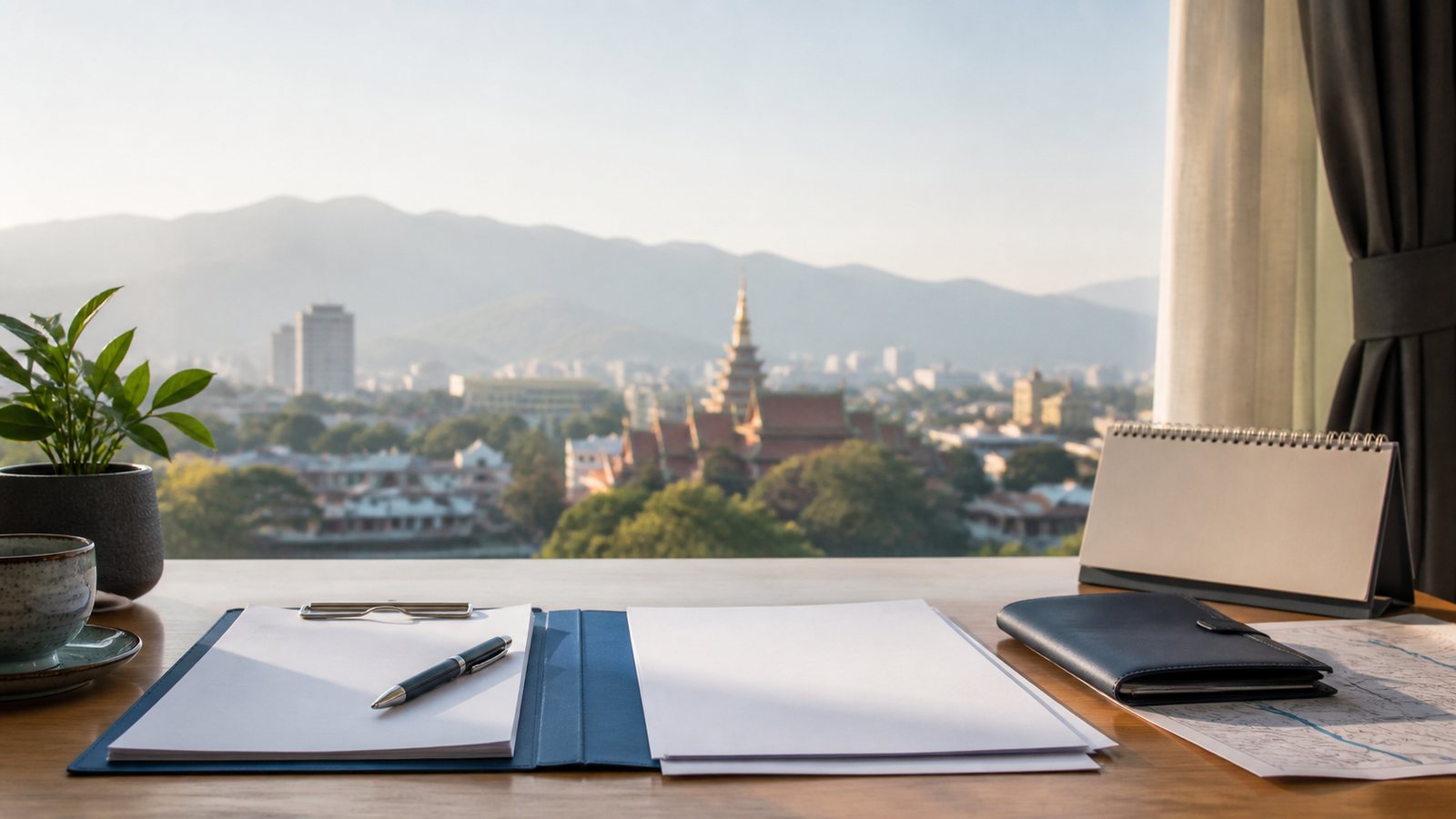 Blank compliance papers, a navy folder and Chiang Mai skyline beyond a calm visa planning desk