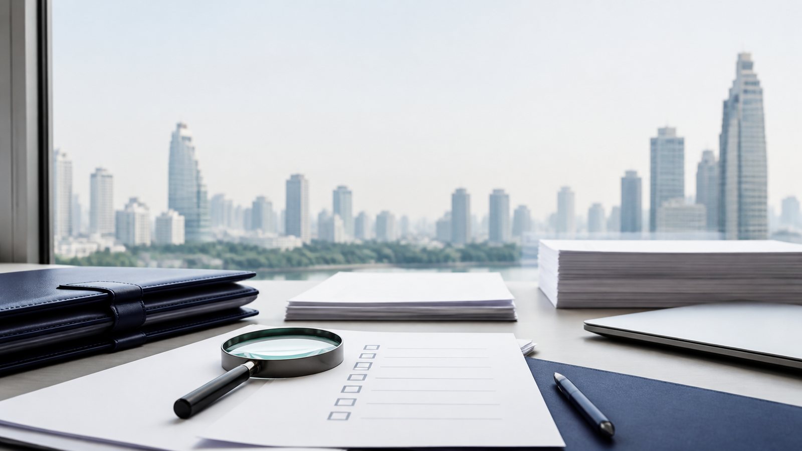Blank document review papers, a magnifying glass and navy folders on a Bangkok office table