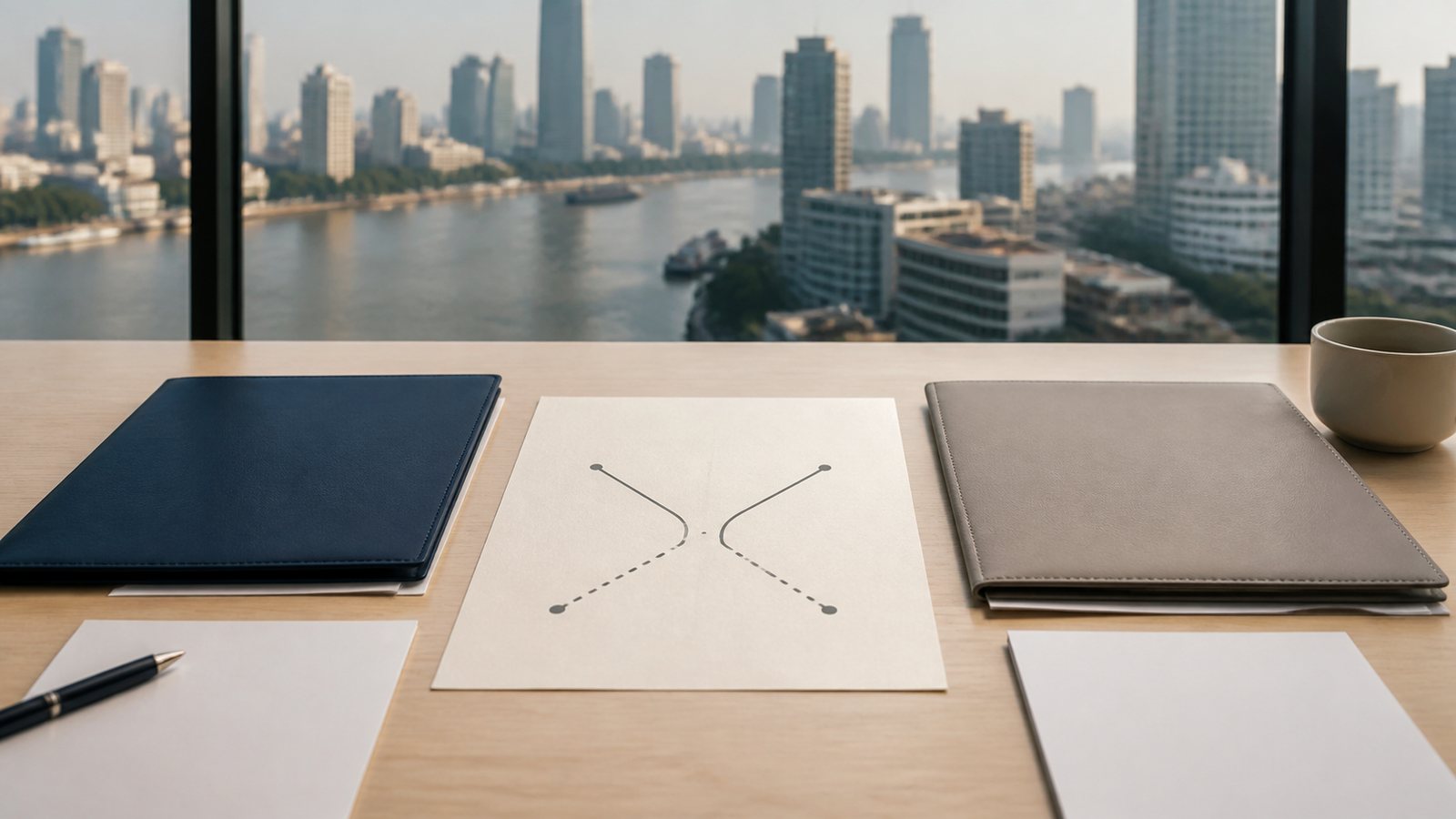 Two blank visa planning folders and an abstract route sheet overlooking the Bangkok river