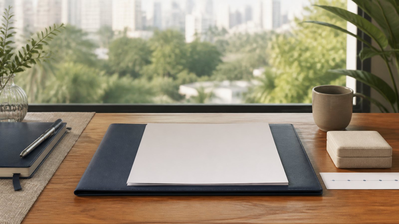Blank financial planning papers, a navy folder and a closed ring box on a warm Bangkok desk