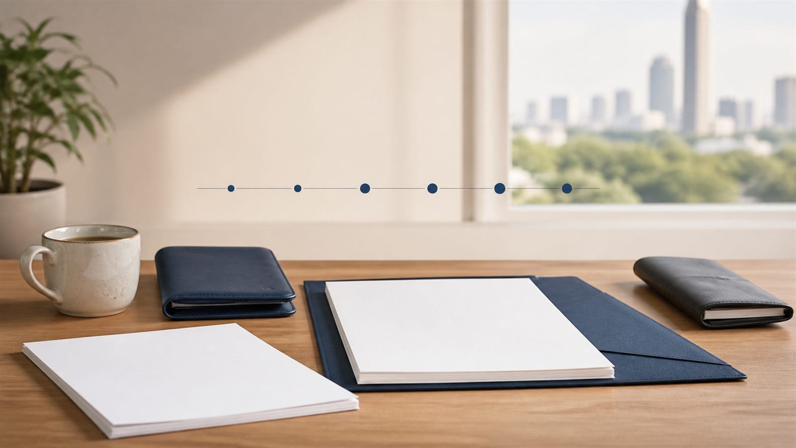 Blank retirement visa financial planning papers, a navy folder and abstract timing marks on a Bangkok desk