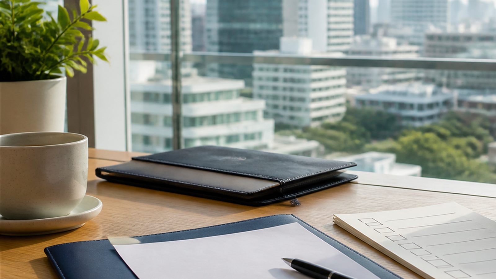 Blank compliance papers, a navy folder and checklist sheet on a Bangkok office desk