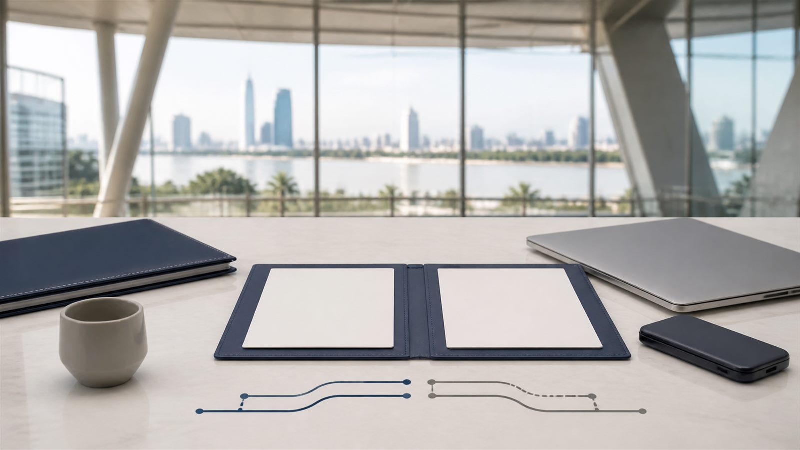 Two blank arrival planning cards, a navy folder and abstract route lines overlooking the Bangkok river
