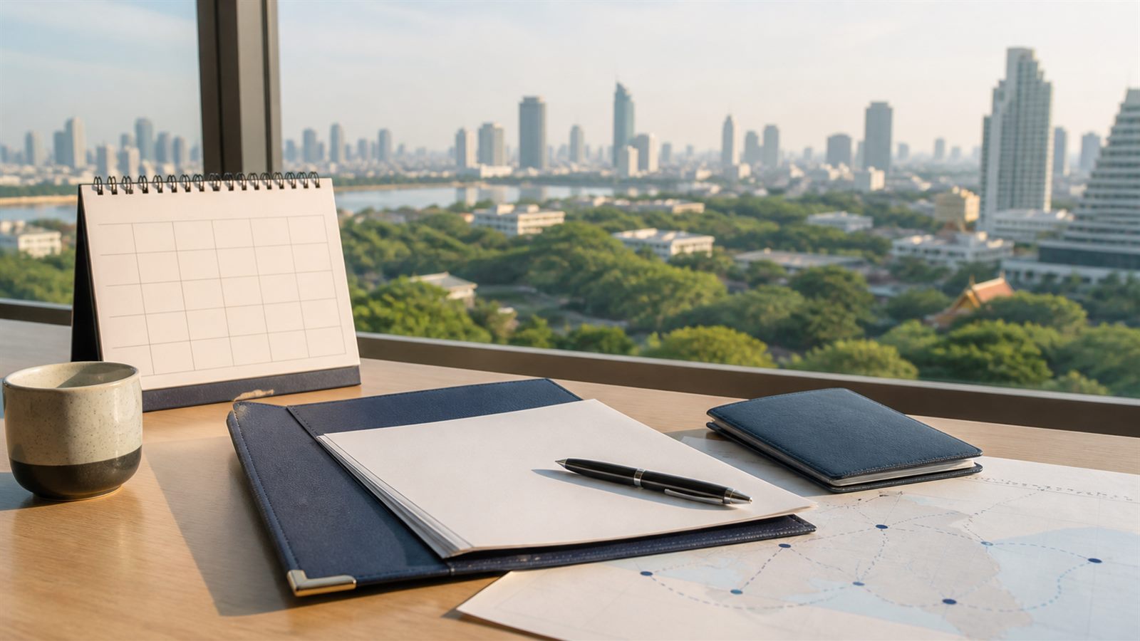 Blank short-stay planning papers, a navy travel wallet and route marks on a Bangkok desk