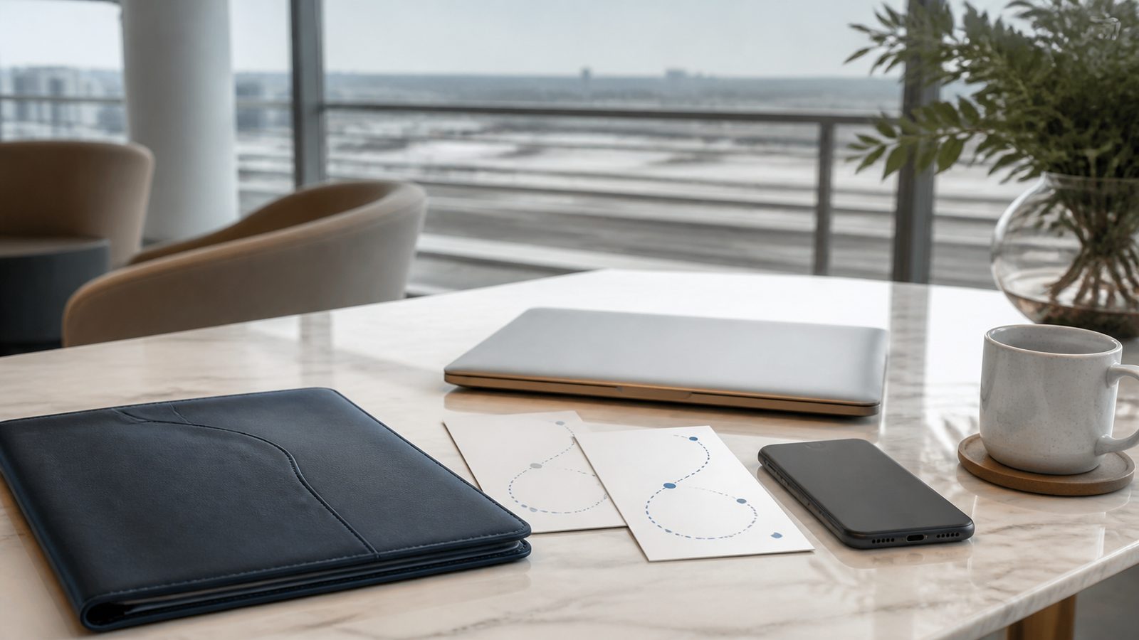 Blank arrival cards, a navy travel folder and face-down devices on a calm airport-lounge desk