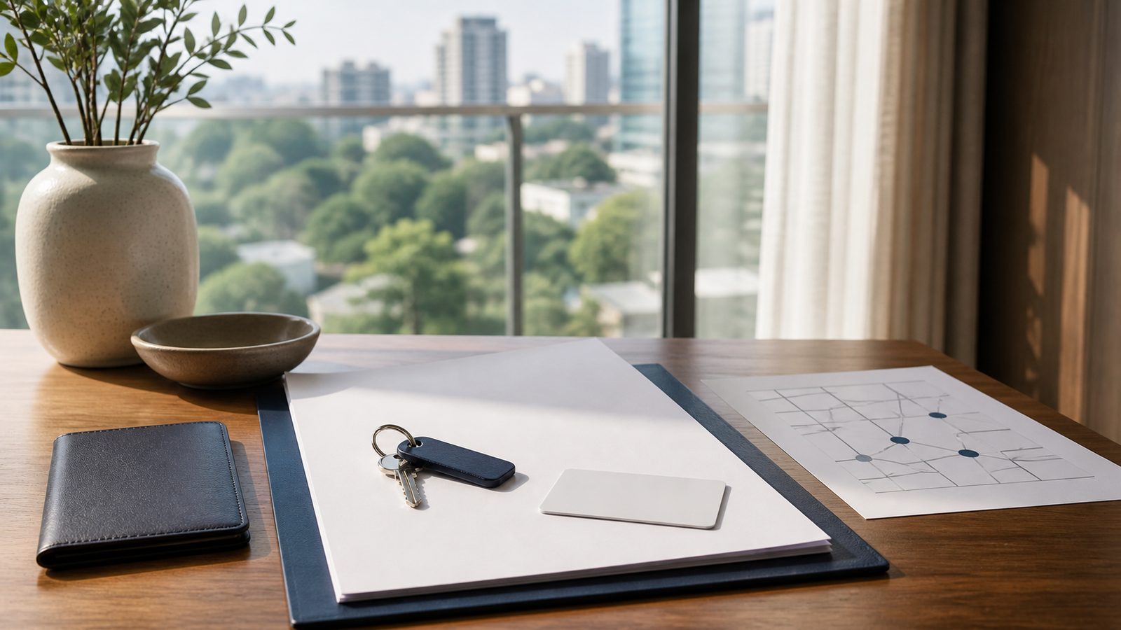 Blank accommodation reporting papers, keys and a navy folder on a Bangkok apartment desk