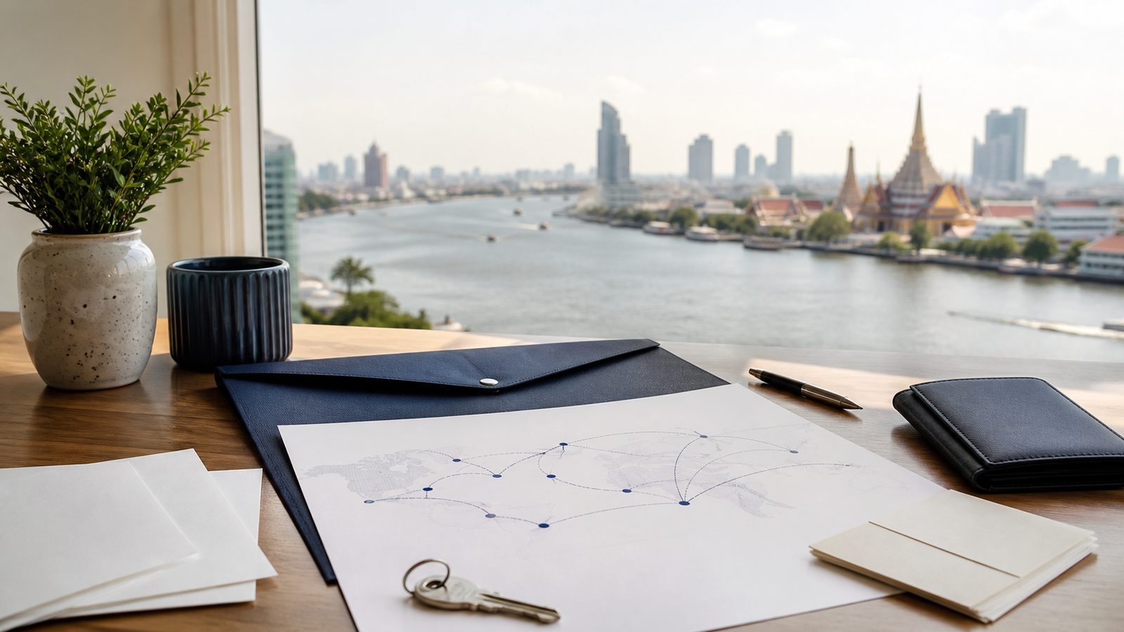 Blank relocation planning papers, a navy folio and route arcs overlooking the Bangkok river